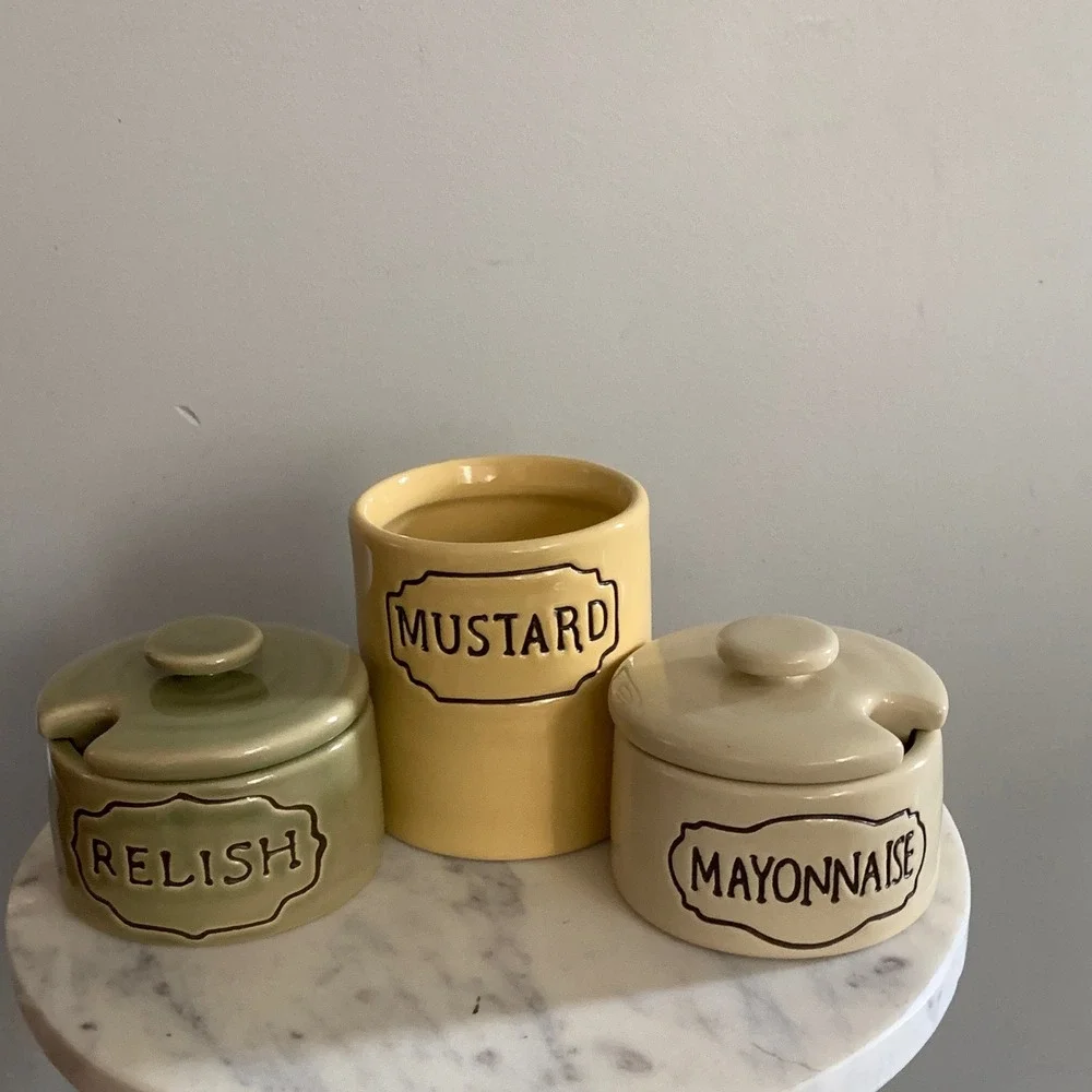 Pottery Barn Ceramic Condiment Set Relish‎ Mustard Mayonnaise Jars 3 Piece Set